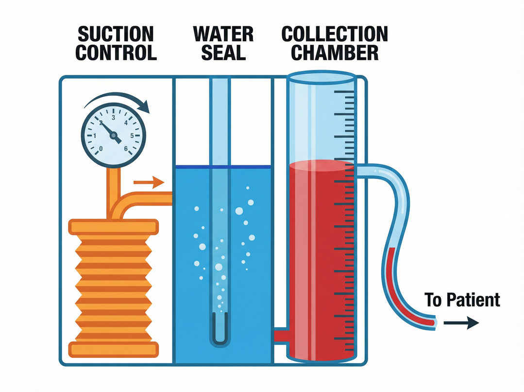 Diagram of a chest tube drainage system labeled with tubing, collection chamber, water seal chamber, suction regulator, and suction monitor bellows.