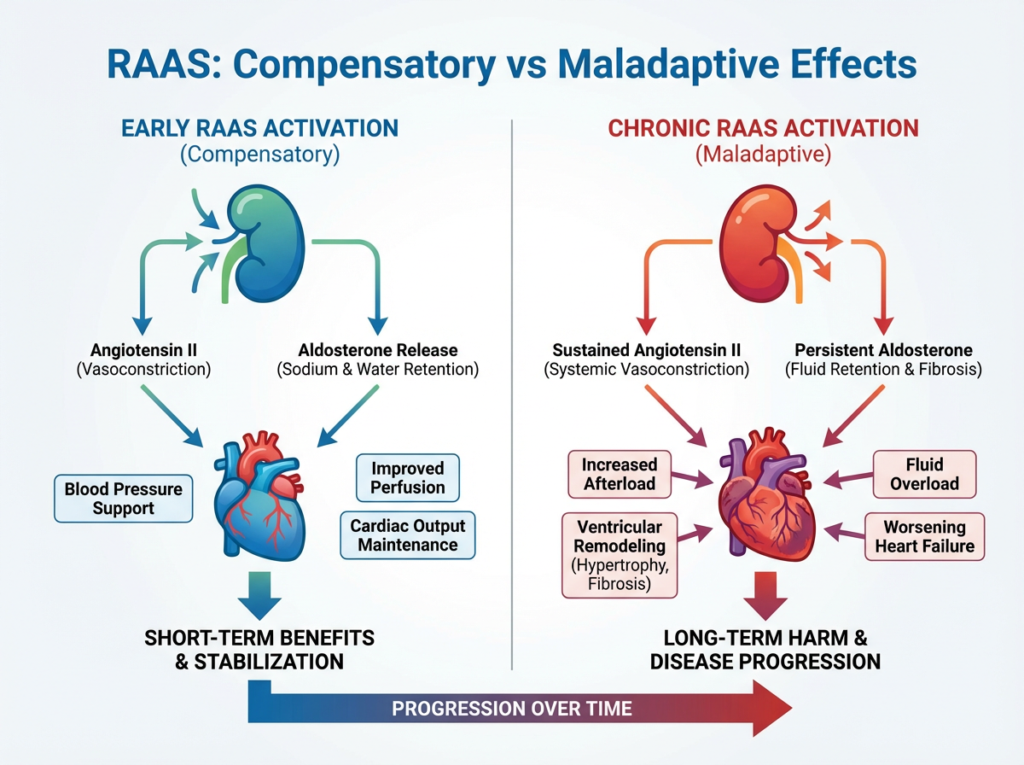 Comparison diagram showing early compensatory versus chronic maladaptive effects of RAAS activation in heart failure.