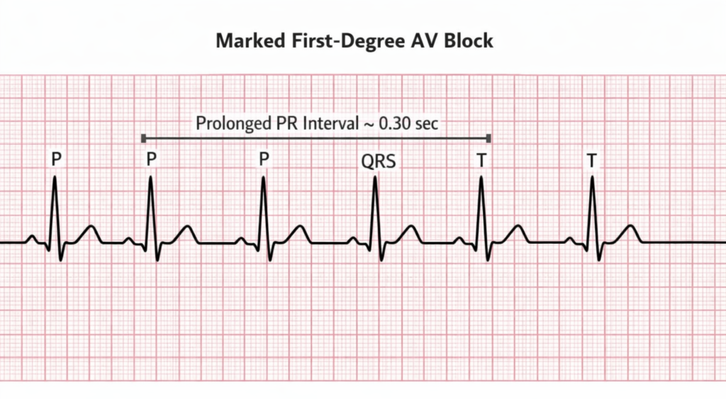ECG strip showing marked first degree heart block with very prolonged PR interval