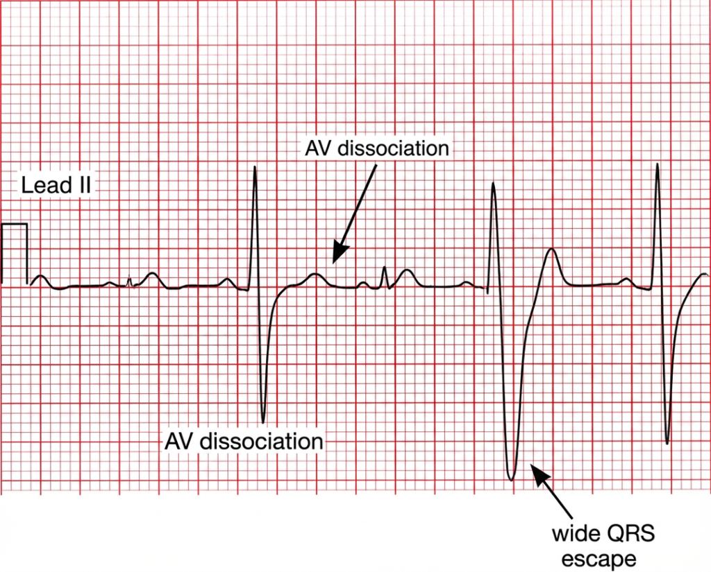3rd degree heart block variation 2 showing AV dissociation with wide QRS ventricular escape rhythm.